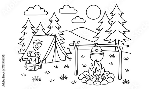 Ranger camp scene for kids coloring book - outdoor adventure illustration for activity pages