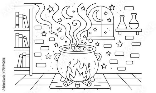 Magical cauldron room with mystic symbols and starry night elements for coloring or kids' book illustrations