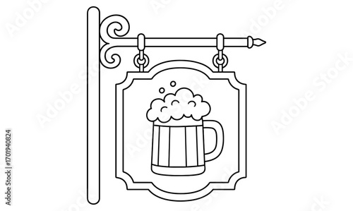 Vintage tavern sign with beer mug outline for coloring activities and craft design