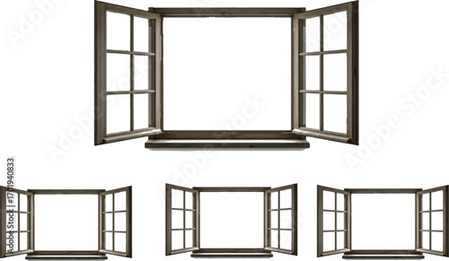 The image shows four wooden window frames, each with two open side panels and a central opening. The windows are identical in style but vary in size