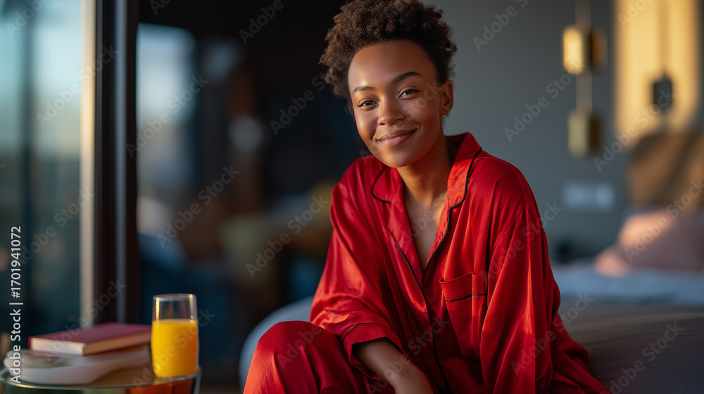Fototapeta premium A vibrant young Black woman in bold red pajamas sits upright on her bed her confident smile meeting the camera morning sunlight glinting off a stack of books on her nightstand