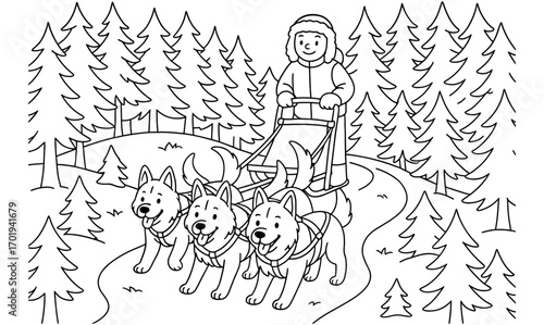 Exciting dog sled adventure in winter forest for coloring book design