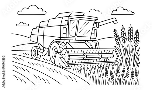 Agricultural scene with harvester in grain field for coloring design
