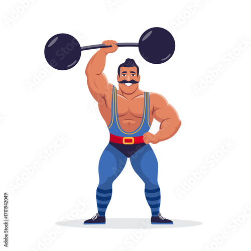 A strongman with a barbell. Circus, fair, carnival. Vector illustration