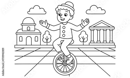 Unicycle performer entertains at plaza cartoon style illustration for coloring