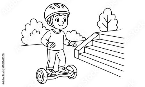 Hoverboard adventure with child rider in nature setting for kids activity illustration