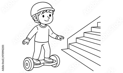 Child exploring on hoverboard by staircase - fun and adventure illustrative design for kids
