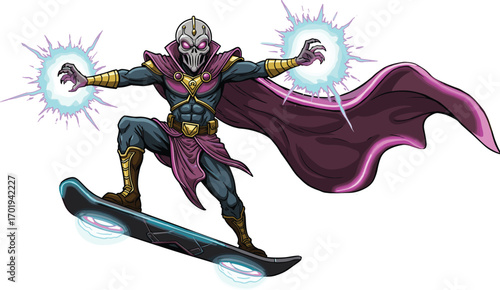 Dark sorcerer on hoverboard, futuristic mage with glowing purple eyes, techno wizard casting magic, neon cyberpunk spellcaster, fantasy sci-fi warrior, magical energy blast, high-tech cloak