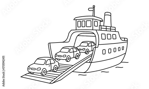 Simple ferry ramp illustration with cars boarding for transportation and travel design