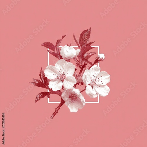 Stylized image of white flowers with leaves in a square frame against a dusty rose background. Pointillist style.