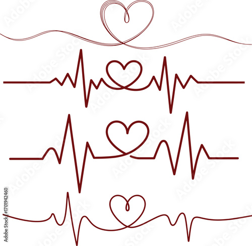 Set of romantic heartbeat pulse lines with an integrated love heart symbol. Continuous one-line drawing of a cardiogram sign for health and valentine design