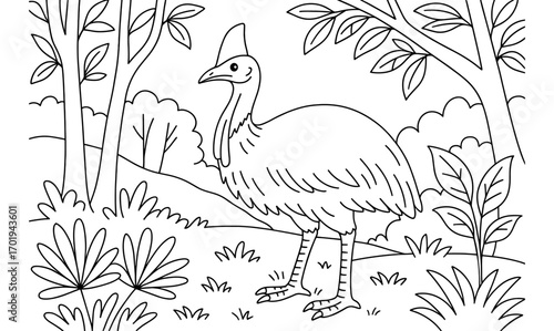 Cassowary in rainforest scene for coloring books and nature education