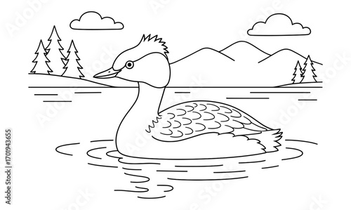 Tranquil horned grebe on lake with mountain background outline for art and design