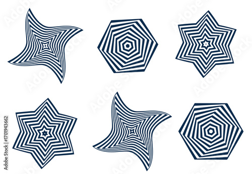 Set of black circle rotating rays and beams. Radial sunburst elements pack. Round spinning swirls, stars and twirls pack. Illustration bundle for banner, badge, sticker, poster