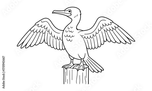 Cormorant drying wings on post vector illustration for nature design and birdwatching enthusiasts