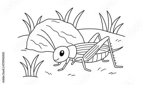 Cricket enjoying playtime in natural habitat - fun illustration for children’s coloring book or educational materials