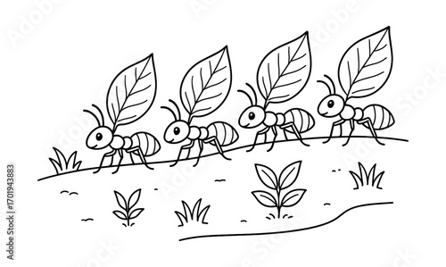 Ants carrying leaves illustration for nature and environment themes