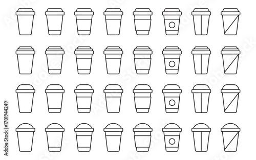 Coffee cup icons vector set in outline style. Paper coffee cup, plastic container for hot or cold drinks like tea, cocoa, juice, and more.