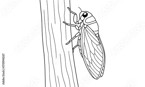 Cicada clinging to tree line art for nature illustration and coloring book design