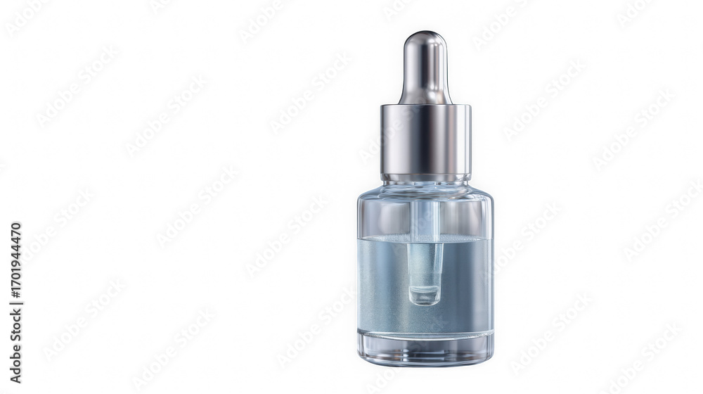 Obraz premium Clear liquid dropper bottle with silver cap isolated