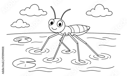 Cute water strider insects skating on pond illustration for children's coloring books and nature education
