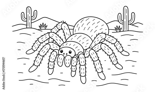 Tarantula coloring page featuring desert scene for educational and creative activities