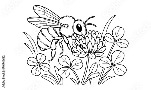 Bumblebee on clover illustration for nature coloring book design