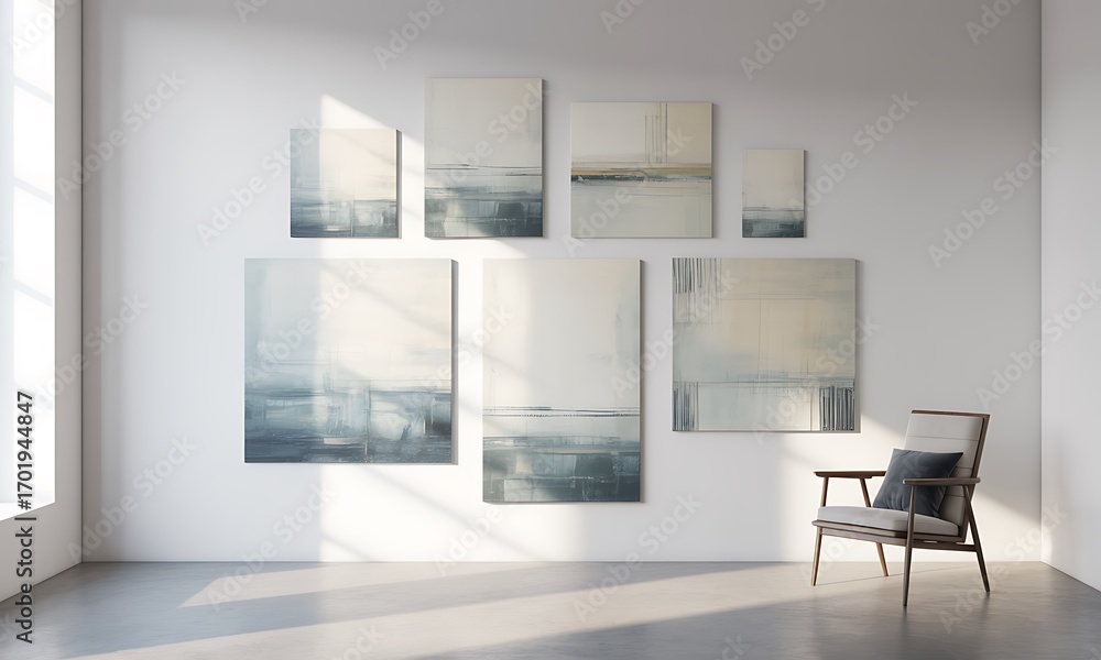 Fototapeta premium Minimalist room with abstract wall art and mid-century modern armchair