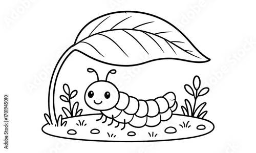 Adorable glow worm under leaf illustration for children's nature-themed coloring book
