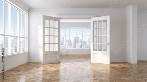 Wallpaper Mural Bright Empty Room with Open Doors and City View, Minimalist Interior Design Torontodigital.ca