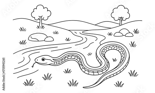 Garter snake by stream in minimalist landscape design for nature illustration