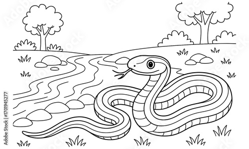 Garter snake by a stream in nature - black and white illustration for educational use