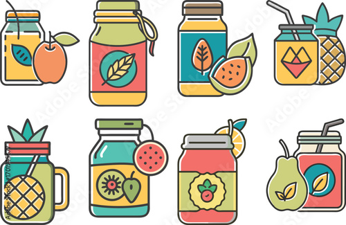 Collection of eight flat design icons of fruit juices and preserves in jars beverage drink