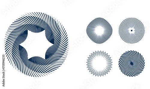 Set of black circle rotating rays and beams. Radial sunburst elements pack. Round spinning swirls, stars and twirls pack. Illustration bundle for banner, badge, sticker, poster