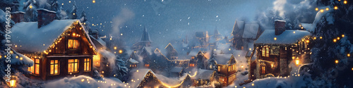 Bild eines verschneiten Dorfes in der Dämmerung mit leuchtenden Weihnachtslichtern zwischen den Häusern, Rauch aus den Schornsteinen und sanft fallendem Schnee unter tiefblauem Himmel – winterliche Id