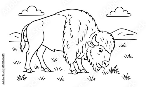 Majestic bison grazing on a serene prairie outline for wildlife art and nature lovers