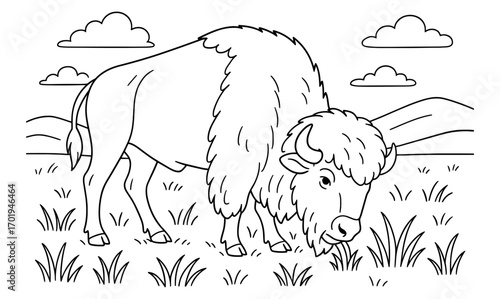 Majestic bison grazing on prairie landscape for coloring book design