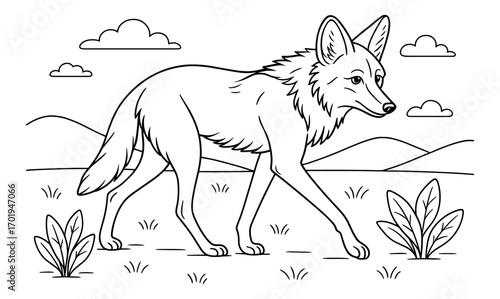 Maned wolf coloring page for kids and adults featuring simple nature scene