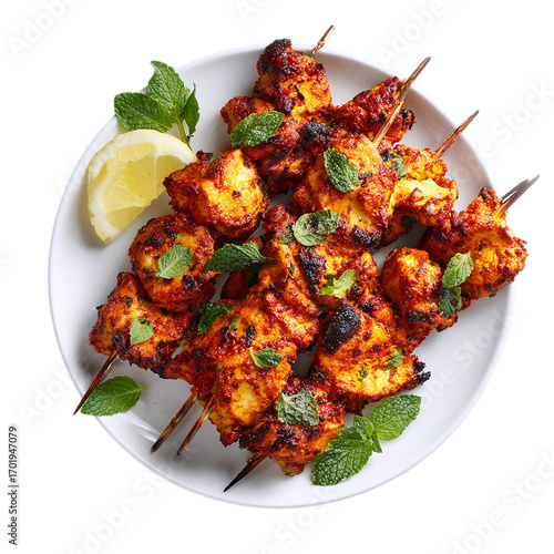 Chicken tikka on a white plate on transpart background