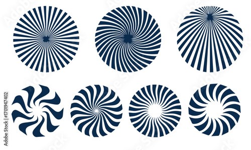 Set of black circle rotating rays and beams. Radial sunburst elements pack. Round spinning swirls, stars and twirls pack. Illustration bundle for banner, badge, sticker, poster