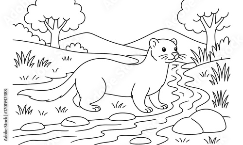 Mink by riverbank in nature scene for coloring book design