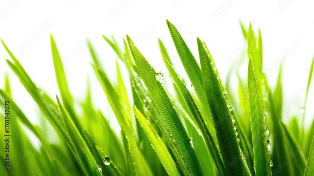 Fototapeta premium Fresh green grass blades with water droplets glistening in the sunlight, close-up, nature background