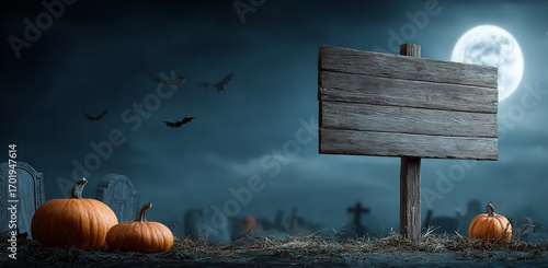 Halloween background with wooden sign board, pumpkins, bats flying in a spooky graveyard under moonlight, with fog and blue night sky for seasonal design or banner