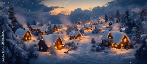 Bild eines verschneiten Dorfes in der Dämmerung mit leuchtenden Weihnachtslichtern zwischen den Häusern, Rauch aus den Schornsteinen und sanft fallendem Schnee unter tiefblauem Himmel – winterliche Id