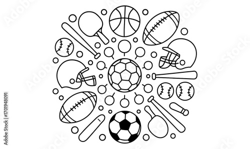 Intricate sports gear mandala design featuring baseball, basketball, soccer elements for creative print and decoration