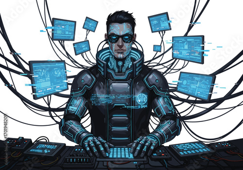 Futuristic cyber hacker at digital workstation, high-tech interface, AI coding expert, virtual reality programmer, cyberpunk environment with data screens