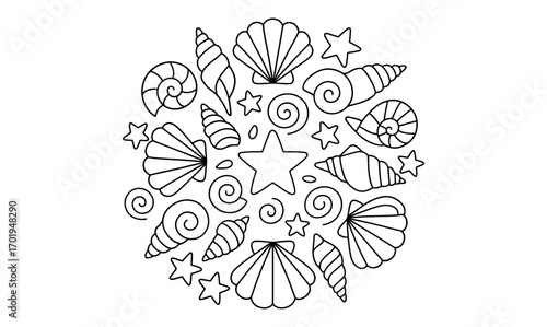 Intricate seashell mandala design featuring oceanic elements for relaxation and creativity
