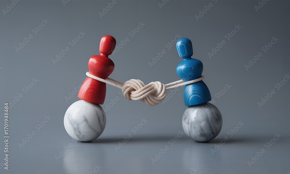 Obraz premium Red and blue wooden figurines tied by knotted rope balancing on marble spheres on gray surface