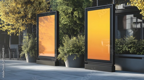 Two blank outdoor advertising displays stand amidst urban foliage, bathed in warm sunlight, showcasing a gradient orange backdrop.