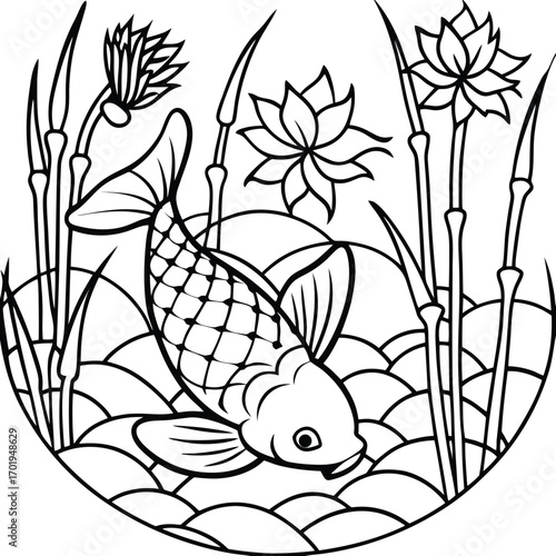 Graceful japanese koi fish and lotus flowers adult coloring page border design 